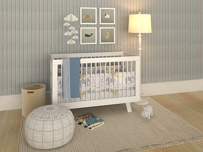 Cozy Baby Crib with Striped Wallpaper Cloud Decorations Wall Art Floor Lamp and Soft Rug 3d model