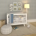 Cozy Baby Crib with Striped Wallpaper Cloud Decorations Wall Art Floor Lamp and Soft Rug