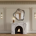 Marble Fireplace With Fire Irregular Mirror And Wall Sconces On Light Colored Walls Wooden Floor