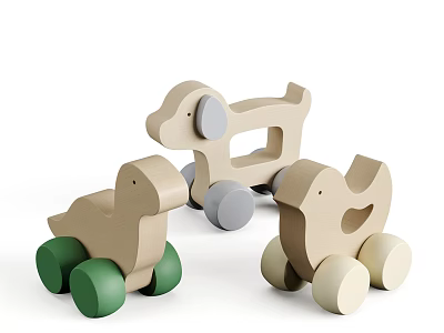 Wooden Building Blocks Animal Shaped Children Toys with Wheels Dog and Duck Designs 3d model