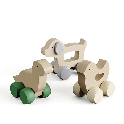 Wooden Building Blocks Animal Shaped Children Toys with Wheels Dog and Duck Designs 3d model