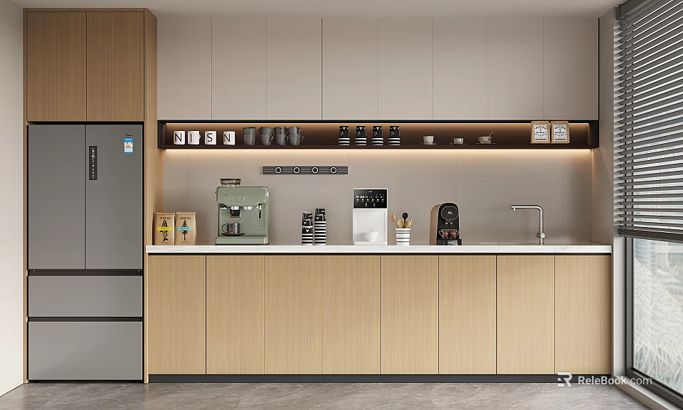 Modern Pantry Featuring Light Wood Cabinets Coffee Machine Sink Stainless Steel Fridge And LED Lighting 3d model 