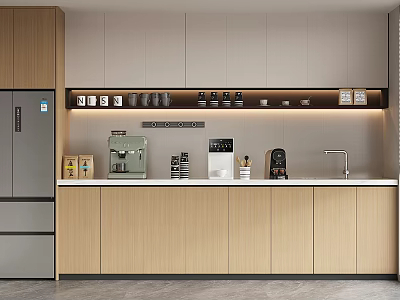 Modern Pantry Featuring Light Wood Cabinets Coffee Machine Sink Stainless Steel Fridge And LED Lighting 3d model