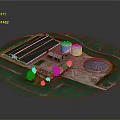 Circular Agricultural Facility Model With Green Fields Buildings Tanks And Blue Pond