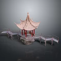 Traditional Chinese Pavilion Architecture with Overhanging Eaves Roof Red Pillars Connecting Bridges and Stone Platform