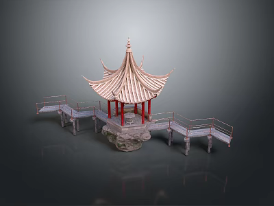 Traditional Chinese Pavilion Architecture with Overhanging Eaves Roof Red Pillars Connecting Bridges and Stone Platform 3d model