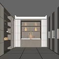 Serene Buddhist Shrine Interior Design With Golden Statues And Wooden Shelves