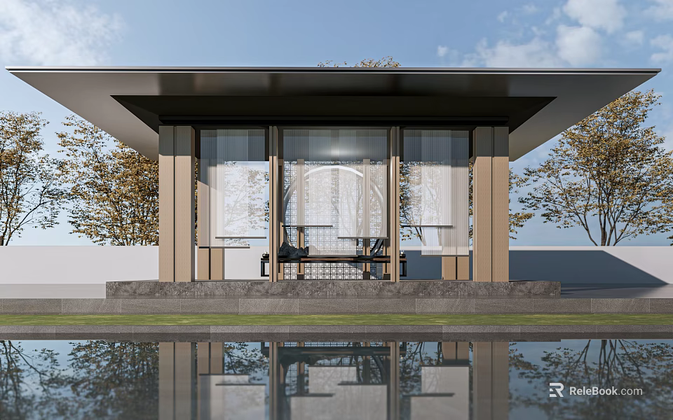 Modern Pavilion With Glass Windows Pool Reflection And Surrounding Trees Seating Area 3d model