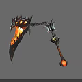 Dragon Head Spiked Weapon With Fiery Orange Flame Chain And Skull Decoration On Decorative Handle