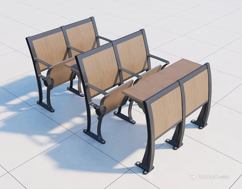 Durable Wooden Public Chairs with Metal Frames and Small Tables for Outdoor Rest Areas 3d model 