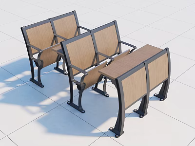 Durable Wooden Public Chairs with Metal Frames and Small Tables for Outdoor Rest Areas 3d model