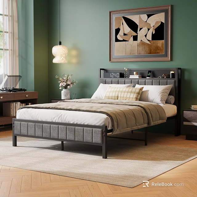 Cozy Bedroom With Green Walls Gray Tufted Headboard And Decorative Painting Pendant Light Wooden Floor 3d model 