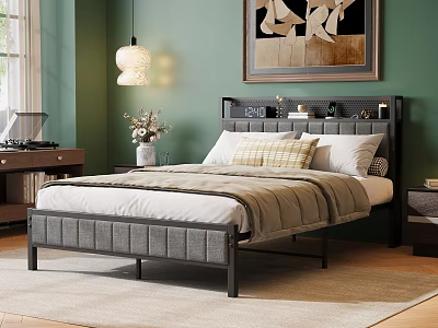 Cozy Bedroom With Green Walls Gray Tufted Headboard And Decorative Painting Pendant Light Wooden Floor 3d model