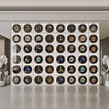 Modern Decorative Background Wall With Circular Art Pieces And White Sculptures