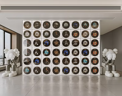 Modern Decorative Background Wall With Circular Art Pieces And White Sculptures 3d model