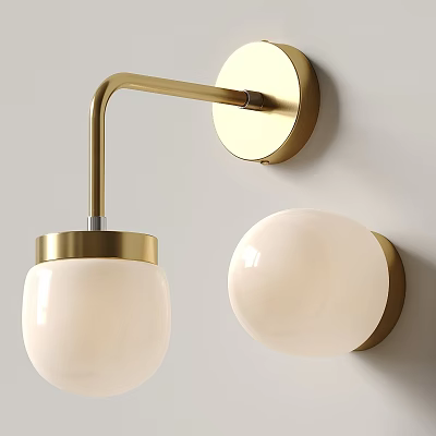 Modern Gold Metal Wall Lamp With Curved Arm And White Globe Shade Design 3d model
