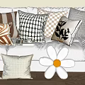 Stylish Decorative Pillows with Striped Checkered and Leaf Patterns on White Sofa 3d model