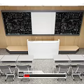 Classroom Functional Desks Blackboard With Formulas Student Chairs Wooden Walls And Gray Floor