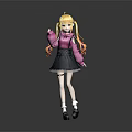 Blonde Twin Tailed Girl In Pink Sweater With Black Skirt And Little White Rabbit Companion