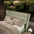 Modern Bedroom With Green Tufted Double Bed Brown Accent Chair And Greenery Backdrop