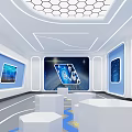 Modern Tech Exhibition Hall Interior With Blue Screens White Display Platforms And Hexagonal Ceiling