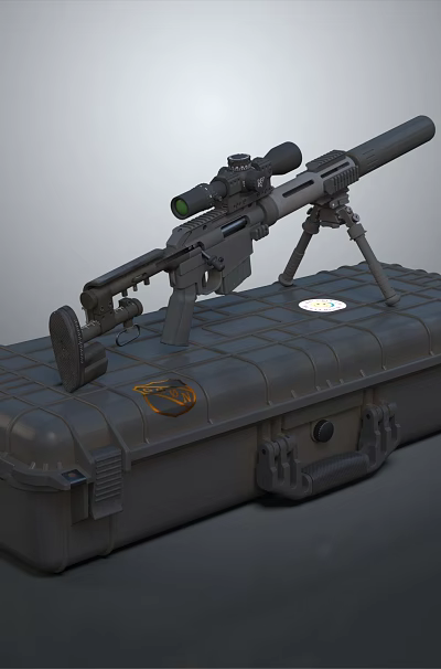 Military Style Tactical Sniper Rifle With Scope Placed On Hard Storage Case 3d model