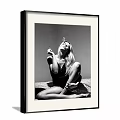 Black and White Female Portrait Painting Seated Cross Legged with Cigarette Smoke Rising