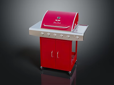 Red Outdoor Grill With Stainless Steel Countertop Cabinet And Rolling Wheels 3d model
