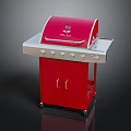Red Outdoor Grill With Stainless Steel Countertop Cabinet And Rolling Wheels