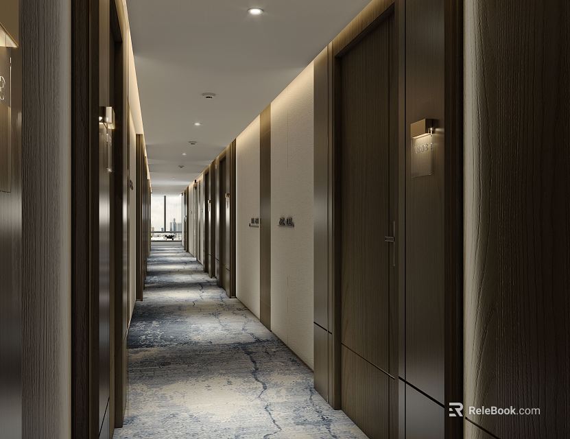 Hotel Corridor With Modern Design Wooden Doors Carpet And Recessed Lighting Wall Sconces 3d model 