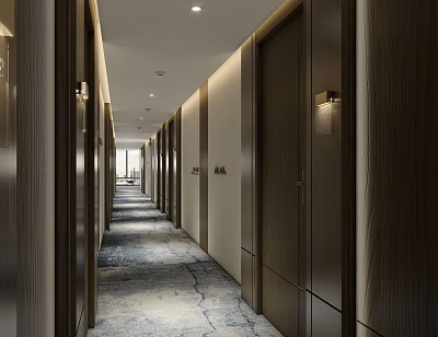 Hotel Corridor With Modern Design Wooden Doors Carpet And Recessed Lighting Wall Sconces 3d model