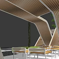 Modern Curved Wooden Pergola Design With Outdoor Seating And Green Trees