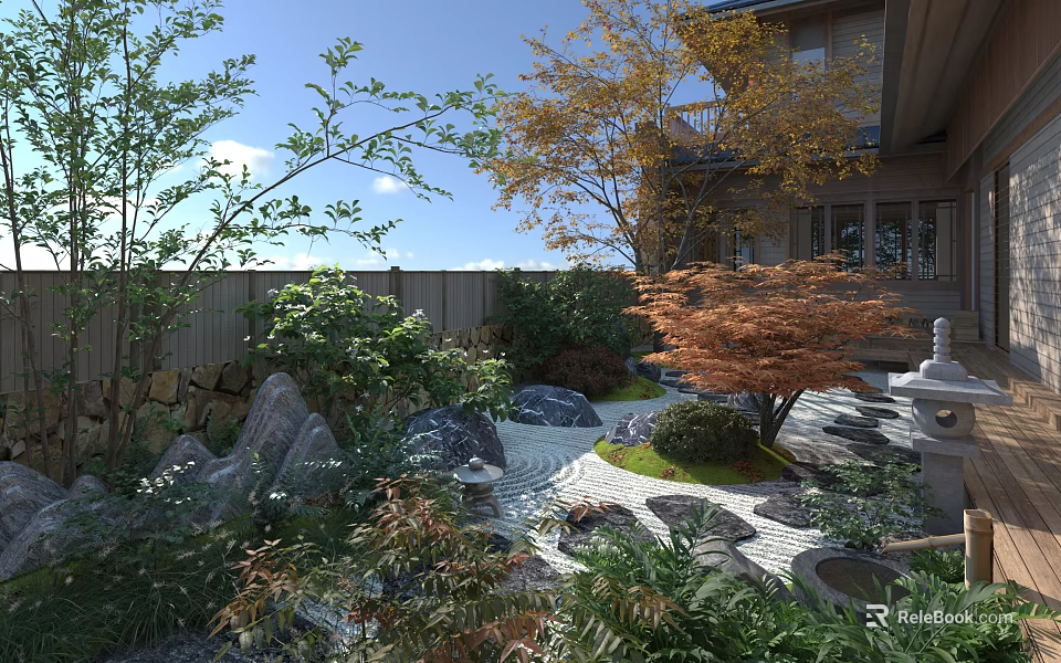 Traditional Japanese Garden Courtyard With Stone Lantern Dry Landscape And Autumn Maple Tree 3d model 