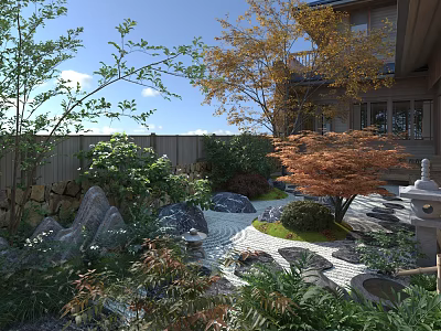 Traditional Japanese Garden Courtyard With Stone Lantern Dry Landscape And Autumn Maple Tree 3d model