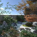Traditional Japanese Garden Courtyard With Stone Lantern Dry Landscape And Autumn Maple Tree
