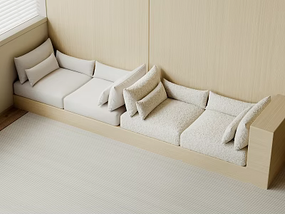 Beige Sofa With Multiple Cushions Against Wall Wooden Frame Light Carpet And Window Blinds 3d model