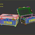 Blue STASH Storage Boxes With Yellow Text One Closed And One Open For Daily Necessities