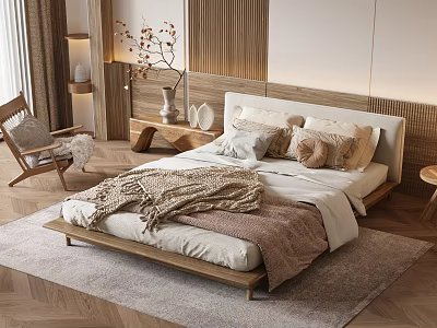 Cozy Hotel Room Interior With Wooden Bed Soft Pillows And Area Rug 3d model