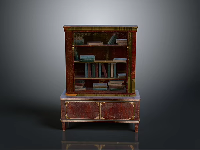Vintage Wooden Cabinet Featuring Upper Bookshelf With Books And Red Gold Decorative Accents 3d model