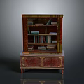 Vintage Wooden Cabinet Featuring Upper Bookshelf With Books And Red Gold Decorative Accents