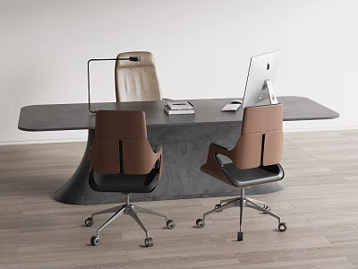 Modern Office Desk With Spacious Surface Two Brown Chairs Lamp And Computer Monitor 3d model