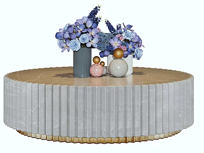 Round Modern Coffee Table With Marble Pattern Gold Base And Purple Blue Flower Vases 3d model