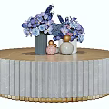Round Modern Coffee Table With Marble Pattern Gold Base And Purple Blue Flower Vases