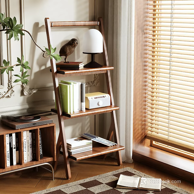 Natural Wood Ladder Shelf Holding Books Decorative Lamp And Plants In Bright Room Interior 3d model 