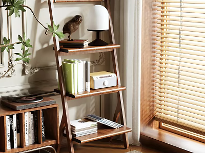 Natural Wood Ladder Shelf Holding Books Decorative Lamp And Plants In Bright Room Interior 3d model