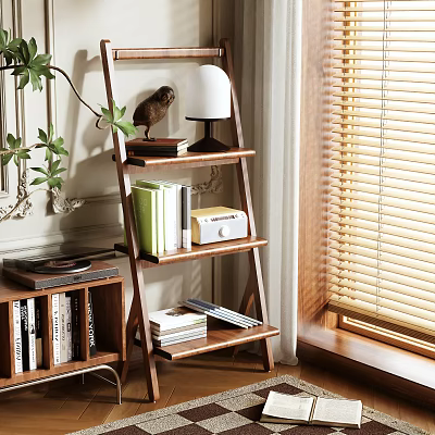 Natural Wood Ladder Shelf Holding Books Decorative Lamp And Plants In Bright Room Interior 3d model