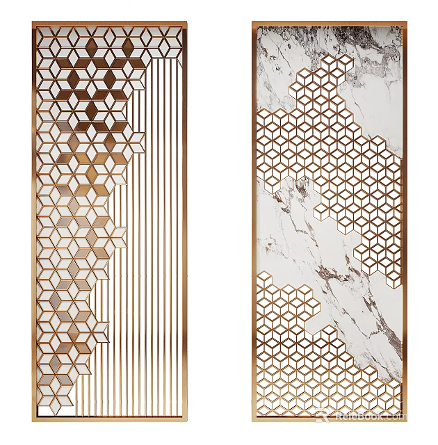 Modern Decorative Room Divider With Gold Hexagon Pattern Metal Frame And Marble Texture 3d model 