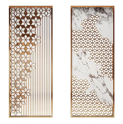 Modern Decorative Room Divider With Gold Hexagon Pattern Metal Frame And Marble Texture 3d model