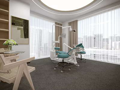 Modern Dental Clinic Interior With Treatment Chairs And Large Windows 3d model