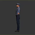 Policeman in Blue Uniform Standing with Arms Outstretched on Gray Background